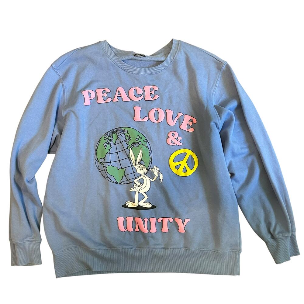Sweatshirt VTG Peace Love & Unity Bugs Bunny Periwinkle Blue Unisex Loney Tunes